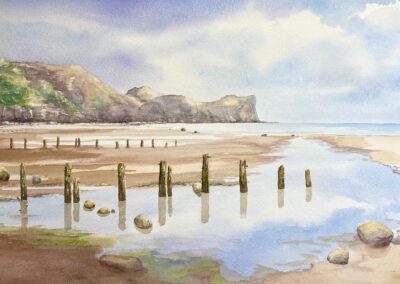 Suzanne McQuade SM01 'Sea Groynes at Sandsend'. Original Watercolour. Framed to 40x70cm £475