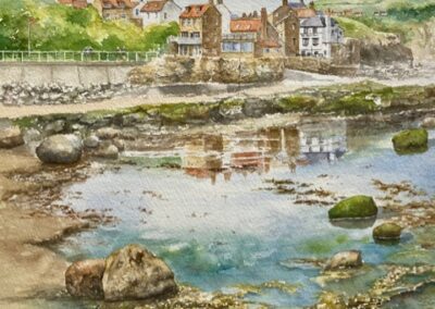 Suzanne McQuade SM29 'Tides Out, Robin Hoods Bay' watercolour 30x30cm framed to 56x56cm £275