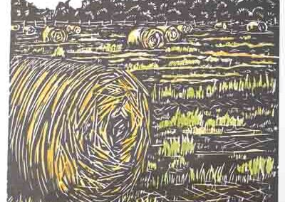 The Merryweather Artist DBE03 and 17 'Mill Field Hay Bails' Linoprint. Framed £70 unframed £45