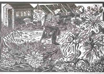 The Merryweather Artist DBE07 and 13 'Quietly Sifting Soil' Linoprint framed £140 unframed £75