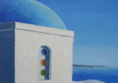 David Starley ds508 'Santorini Church' oil on canvas 30x30in 2017 was £320 now £140torini Church' Oil on canvas 30x30 £380