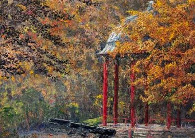 ds728 Autumn Bandstand Roberts Park Saltaire. Oil 30x30in 2026 £420