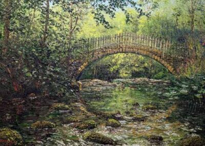 ds729 Beckfoot Bridge, Bingley. Paddling Downstream. Oil 36x24in £5800